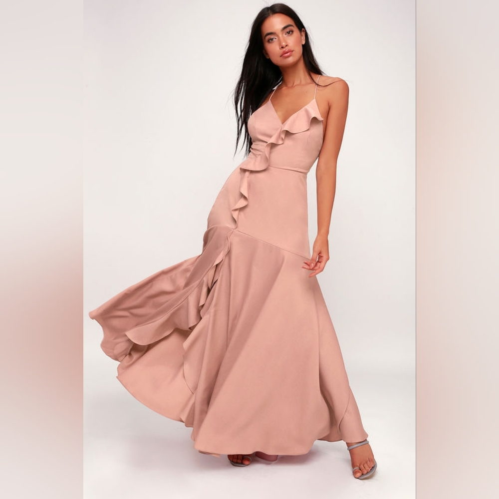 Lulu's Selmah Mauve Ruffled Lace-Up Maxi Dress - Size Large